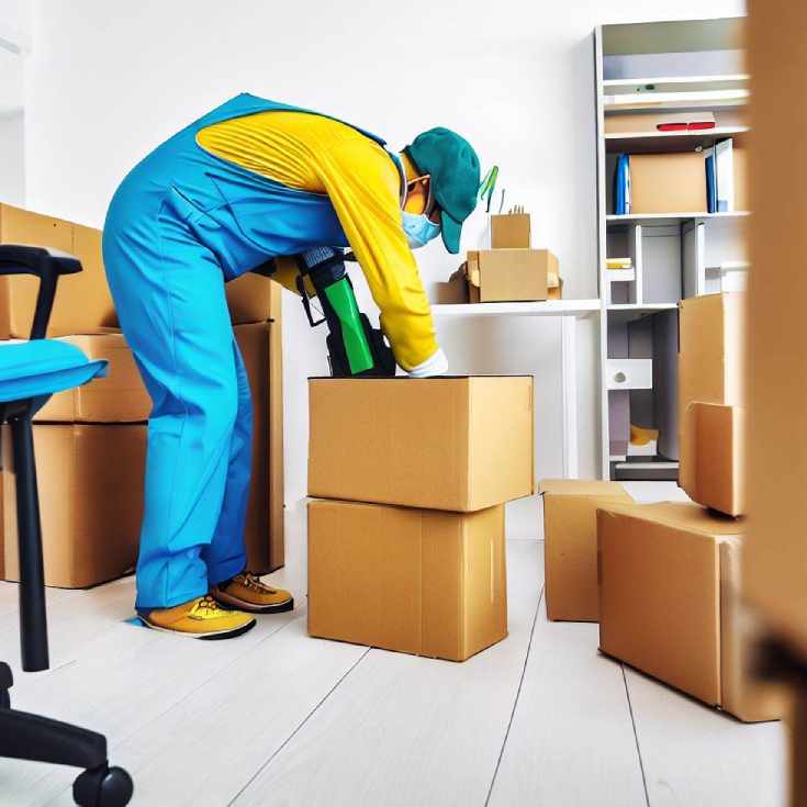 Person-in-teal-and-yellow-overalls-sealing-cardboard-boxes-in-office-setting-with-blue-tape-dispenser, black-and-blue-office-chairs-and-white-bookshelf-in-background