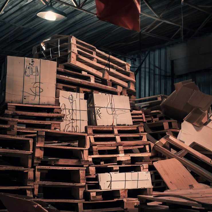 Low angle view of a pile of haphazardly stacked wooden pallets and neatly arranged cardboard boxes with red writing in a dimly lit warehouse with a metal roof and hanging white objects