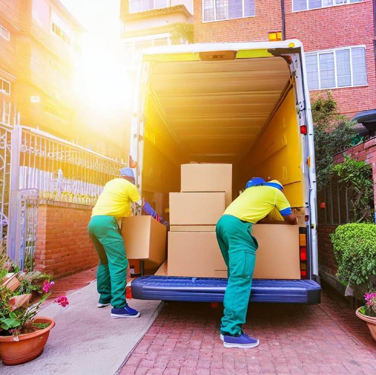 Two men in yellow and teal uniforms loading boxes into a van parked in front of a red brick building with a gate and potted plants, filled with house furniture under a sunburst sky.
