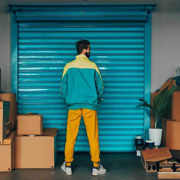 Man in teal and yellow clothing facing a filled storage unit with a blue roller door, number '276', filled with boxes, a plant, a monitor, and miscellaneous items on a concrete floor and corrugated metal walls